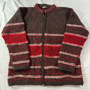 K60. Cozy Red & Gray Patterned Wool Cardigan by Coraza Crafts (L)